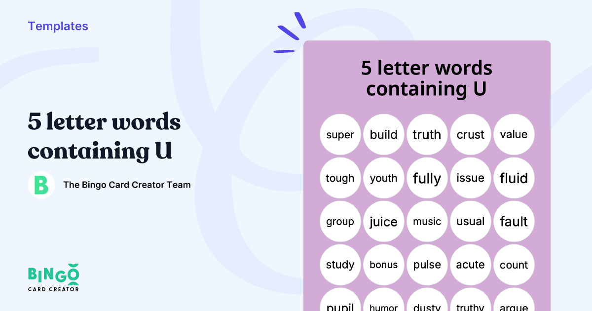 5 Letter Words Containing U Bingo Card Creator